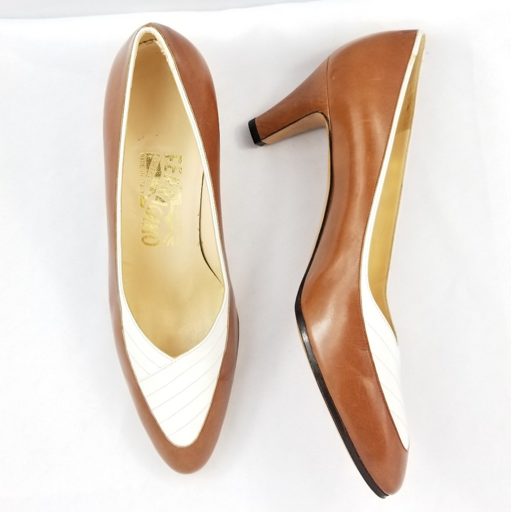 Salvatore Ferragamo Brown and White Heels